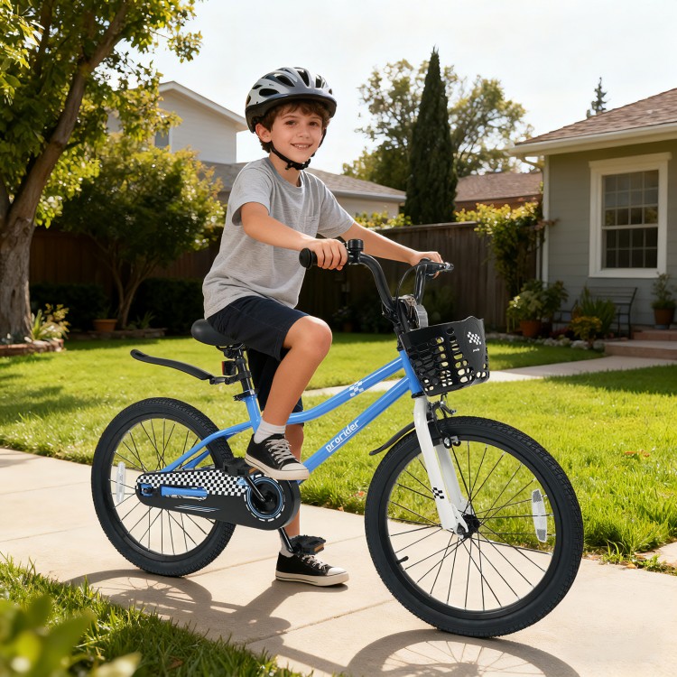 20-inch navy kids bike with adjustable seat, storage basket, and kickstand, perfect for children aged 8 and up.