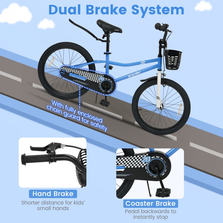 20-inch navy kids bike featuring a hand brake, coaster brake, and adjustable seat for ages 8+, ideal for safe riding.