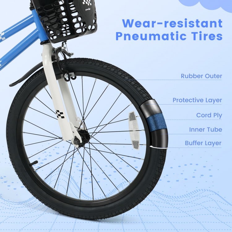 Wear-resistant pneumatic tire detail on a 20-inch kids bike, featuring a rubber outer and protective layer for.