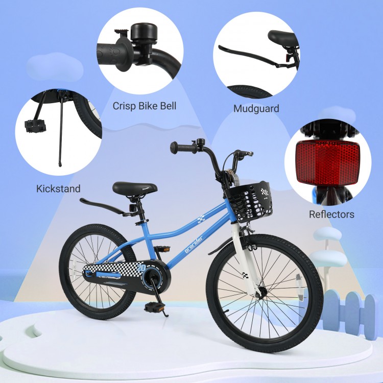20-inch navy kids bike with adjustable seat, kickstand, storage basket, and safety features for ages 8 and up.