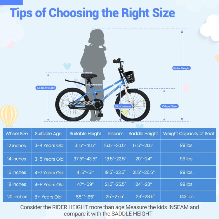 20-inch navy kids bike with adjustable seat, kickstand, and storage basket for children aged 8 and up.