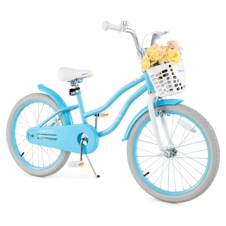 20-inch kids bike in blue with removable basket, dual brakes, adjustable seat, and durable tires for smooth riding.