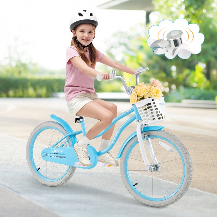 20-inch kids bike in blue with adjustable seat, dual brakes, and removable basket for dolls and snacks.