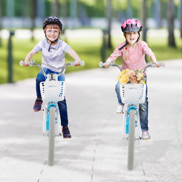 Kids riding a 20-inch bike with dual brakes, adjustable seat, and removable basket for fun outdoor adventures.