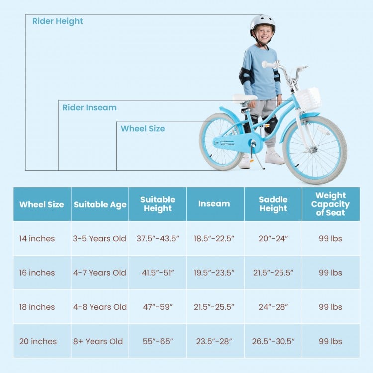 20-inch kids bike in blue with dual brakes, adjustable seat, and removable basket for safe and comfortable riding.