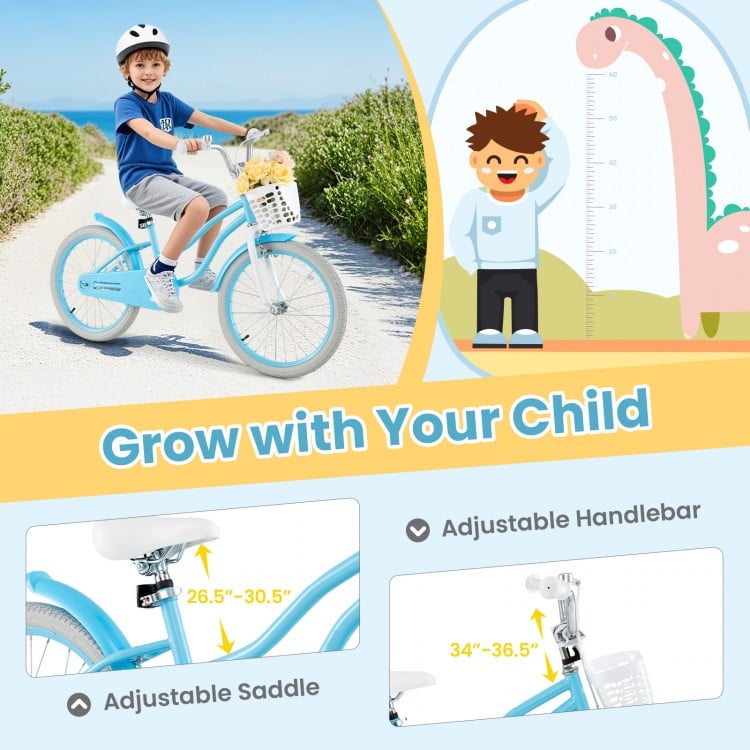 20-inch kids bike in blue with adjustable seat and handlebars, featuring dual brakes and a removable storage basket.