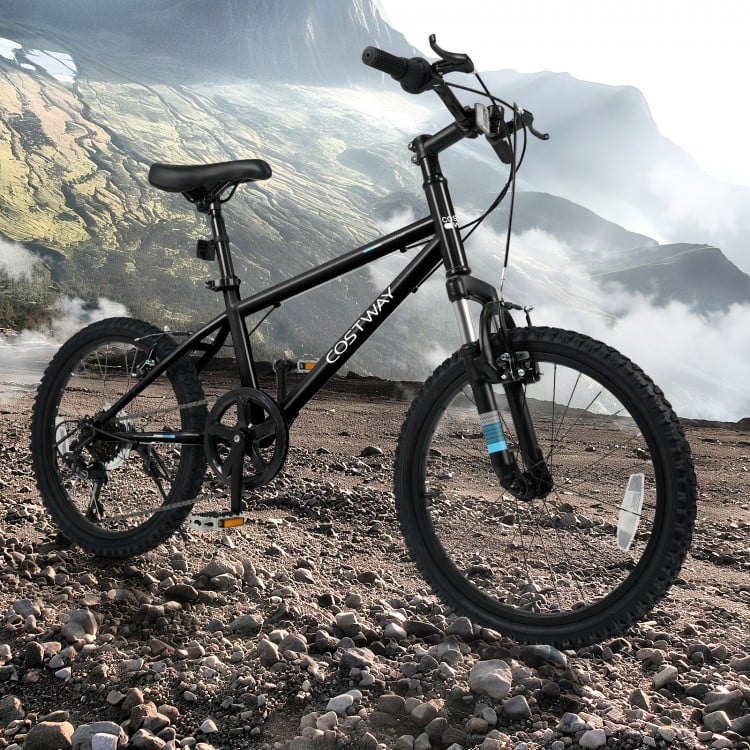 Kids mountain bike in black with 20-inch wheels, featuring adjustable saddle, suspension fork, and dual V-brakes for.