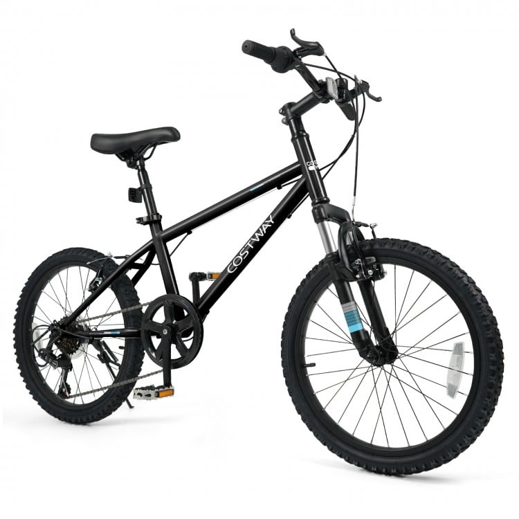 Kids mountain bike in black with 20-inch wheels, adjustable saddle, and dual V-brakes for safe riding on various.
