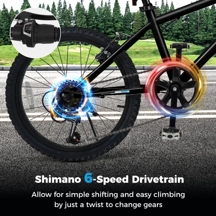 Shimano 6-speed drivetrain on a kids' mountain bike for easy gear changes, ideal for various terrains and safe riding.