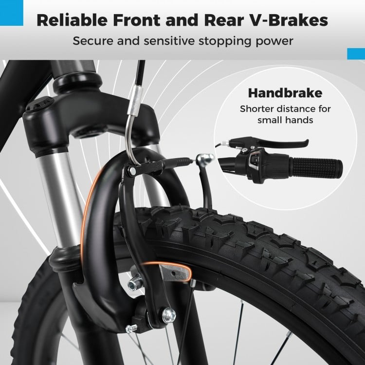 Close-up of the dual V-brakes on a kids mountain bike, featuring a handbrake for small hands and reliable stopping.