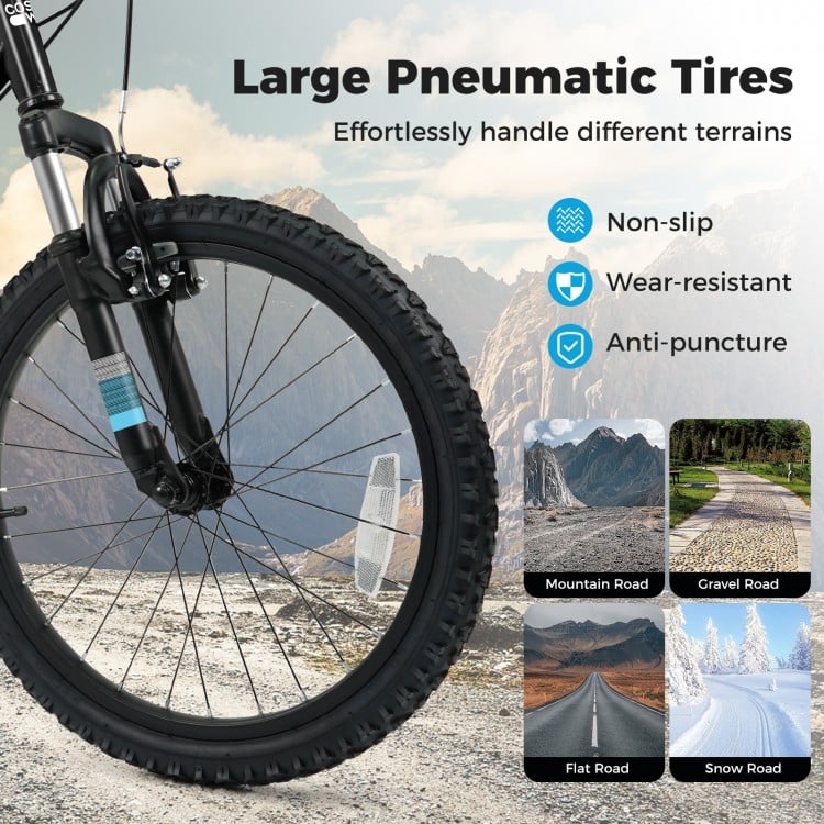 Large pneumatic tire of the Kids Mountain Bike, non-slip and wear-resistant, designed for various terrains.