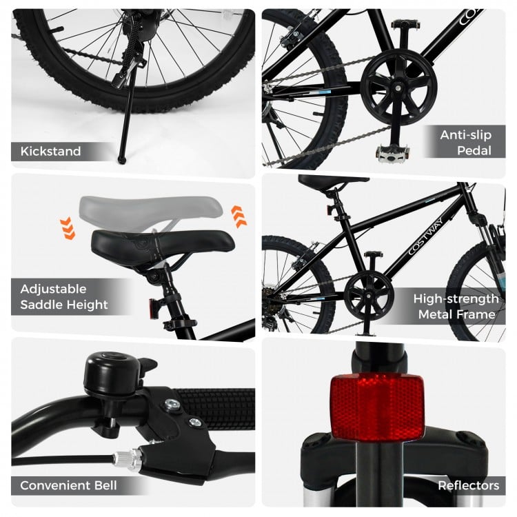 Adjustable saddle height and convenient bell on the Kids Mountain Bike, designed for boys and girls aged 8+, 20-inch.