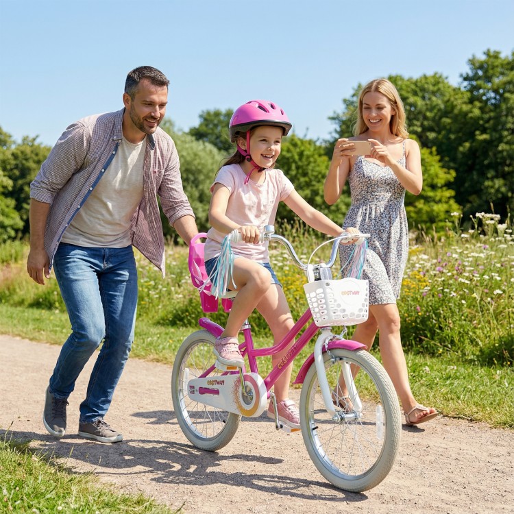 20-inch rose red kids bike with front basket, dual brake system, and adjustable seat for safe, fun riding.