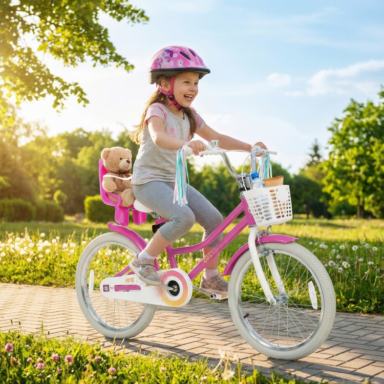 20-inch rose red kids bike with front basket, dual brake system, and adjustable seat for safe and fun riding.
