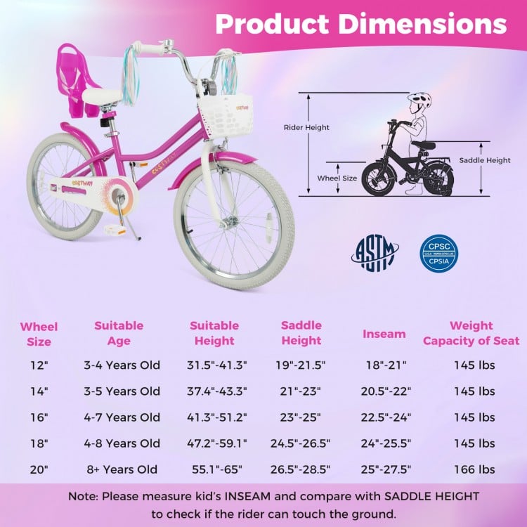 Product dimensions chart for the 20-inch rose red kids bike, detailing suitable age, saddle height, and weight capacity.