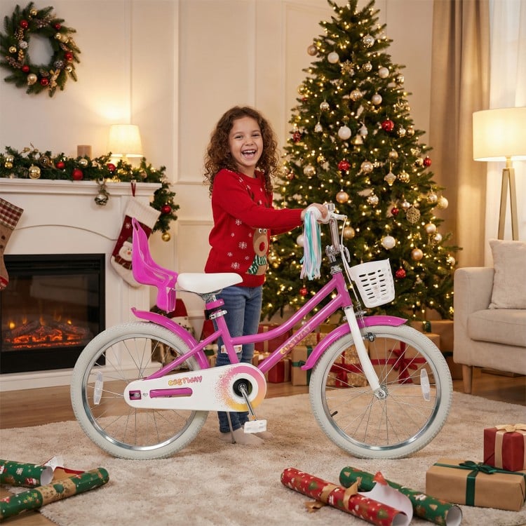 20-inch rose red kids bike with front basket, dual brake system, and adjustable seat for children 8 years and older.