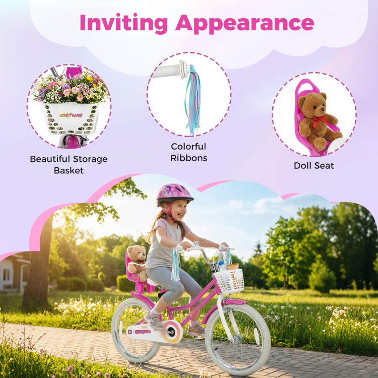 20-inch rose red kids bike featuring a front basket, dual brake system, and colorful ribbons for a fun riding.