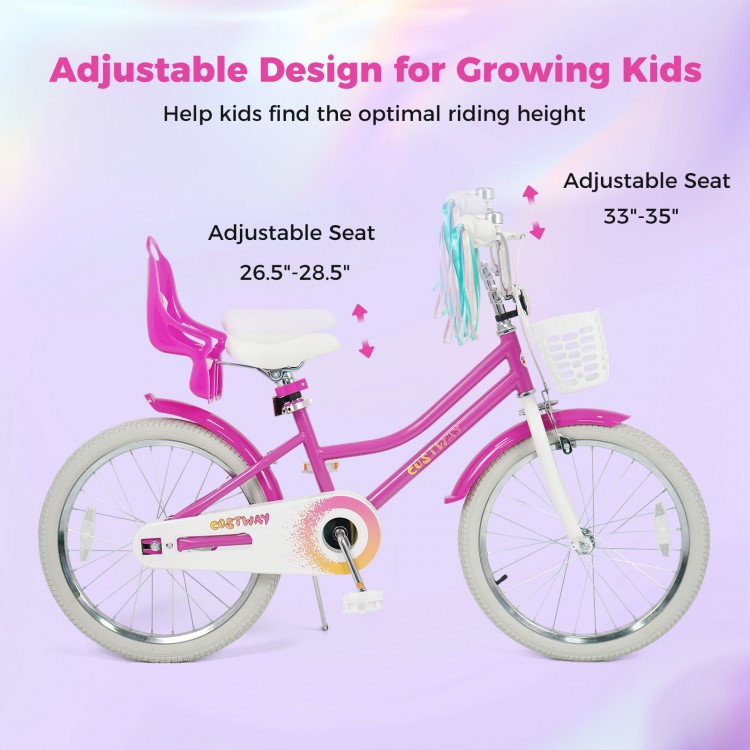 20-inch kids bike in rose red with adjustable seat, front basket, and dual brake system for safety and comfort.