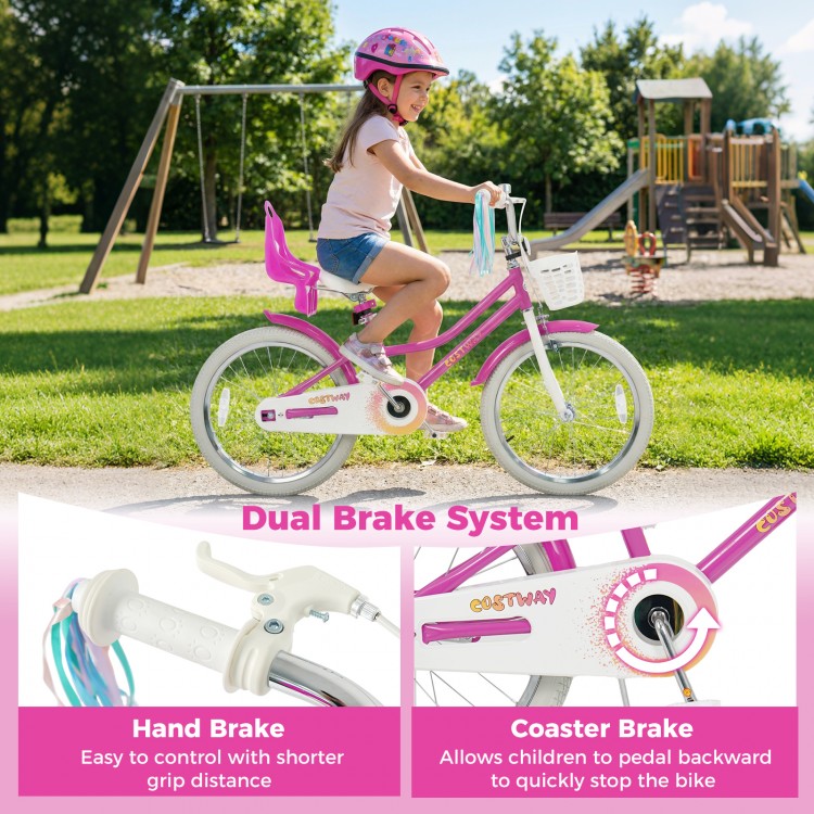 Close-up of the 20-inch kids bike's ergonomic seat and non-slip pedals in rose red for safe and comfortable riding.