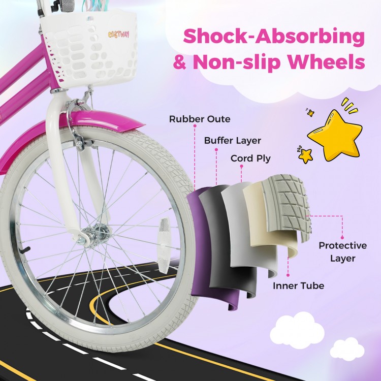 Front view of the 20-inch kids bike showcasing shock-absorbing anti-slip rubber tires for safe riding.