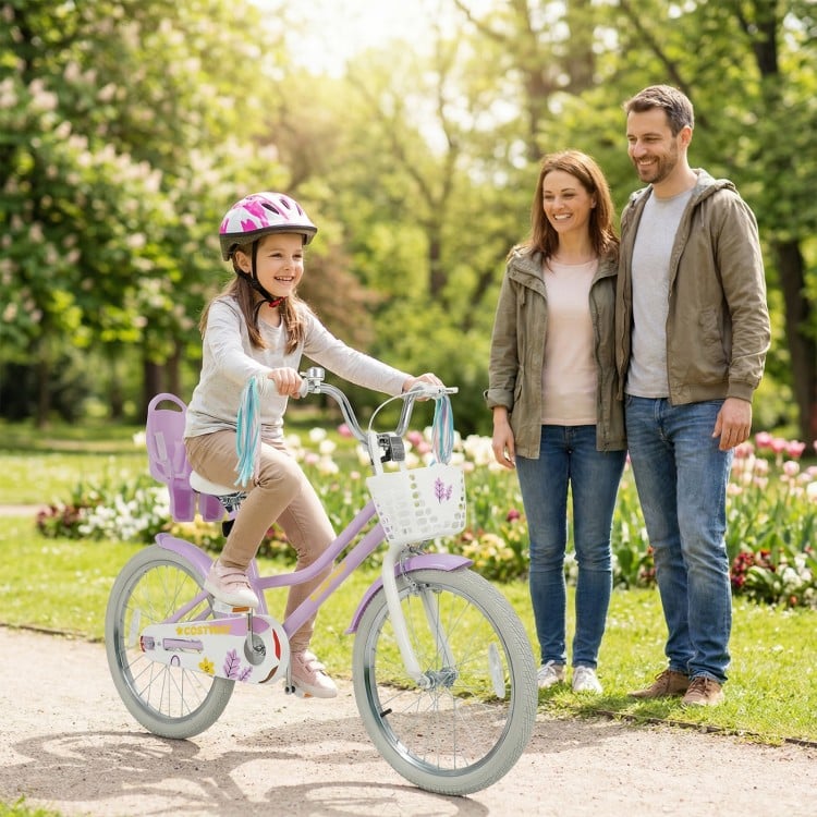 20-inch girls bike in lavender with doll seat and streamers, perfect for kids 8+ years old, ideal for outdoor fun.