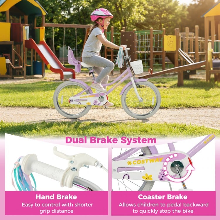 20-inch girls bike with doll seat, hand brake, coaster brake, and streamers for kids aged 8+ for safe riding fun.