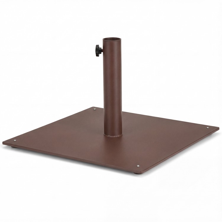 20-inch brown patio umbrella base stand with adjustable footpads, made of durable powder-coated steel for stability.