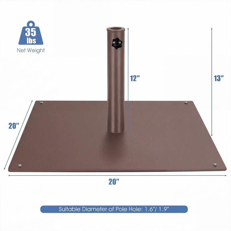 20-inch brown patio umbrella base stand made of powder-coated steel with adjustable footpads for stability on uneven.