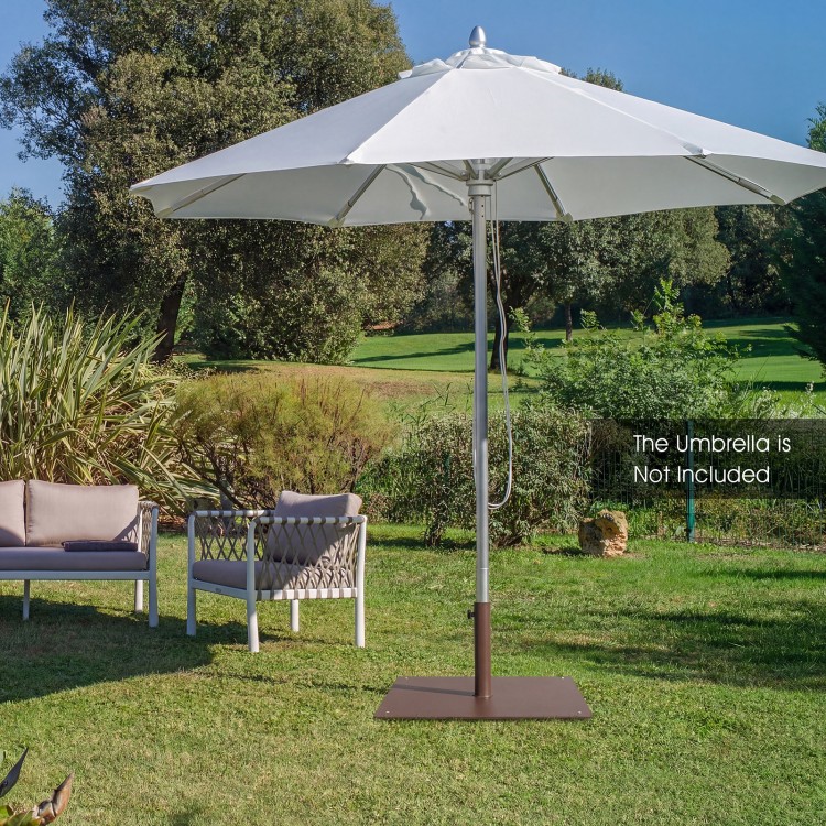 Brown patio umbrella base stand with adjustable footpads, designed for stability on uneven ground in outdoor settings.
