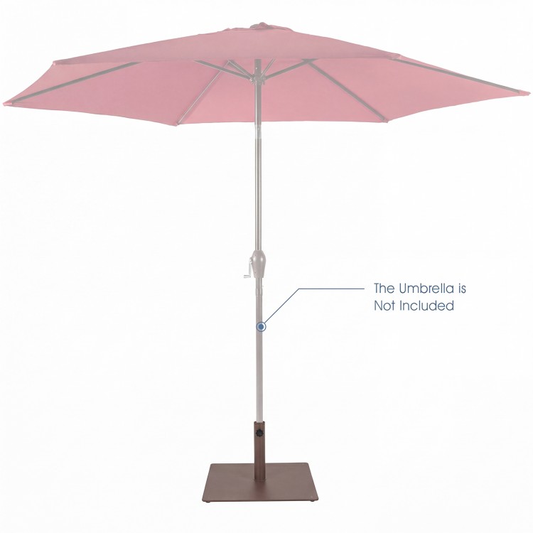 Patio umbrella base stand in brown with adjustable footpads, designed for stability on uneven ground outdoors.