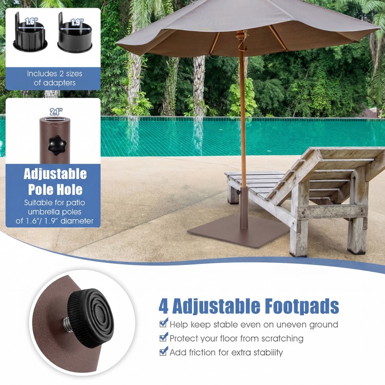 20-inch brown patio umbrella base stand with adjustable footpads for stability on uneven ground, perfect for outdoor.