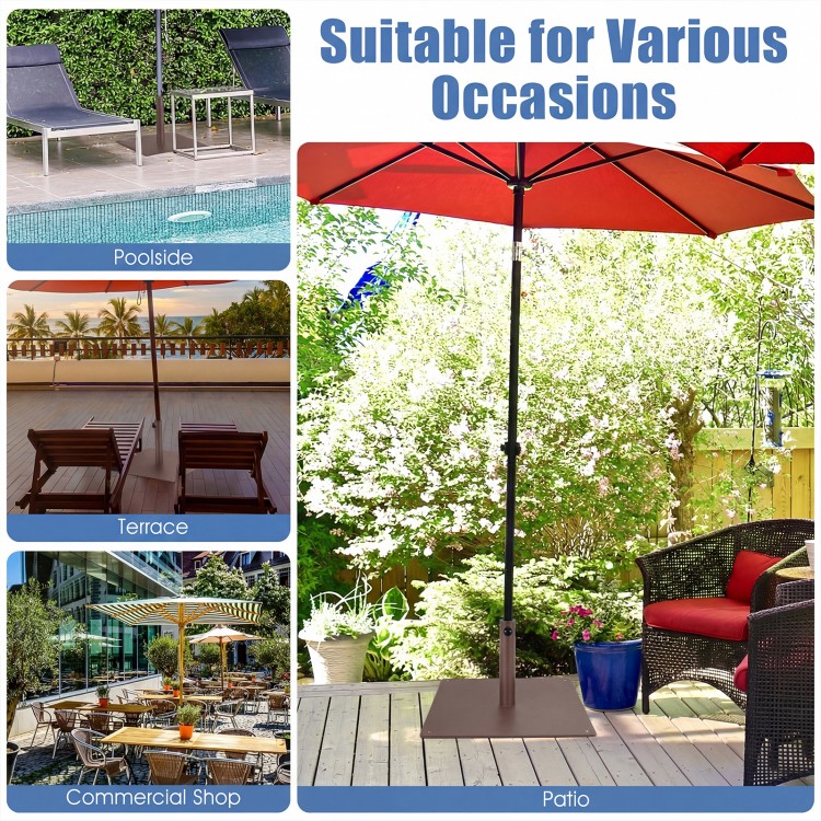 20-inch brown patio umbrella base stand with adjustable footpads, designed for stability on uneven ground.
