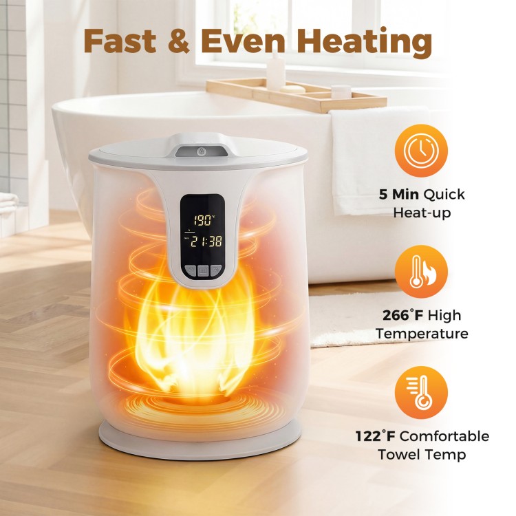20 L large towel warmer in white with digital display, offering quick 5-minute heat-up for cozy towels in the bathroom.