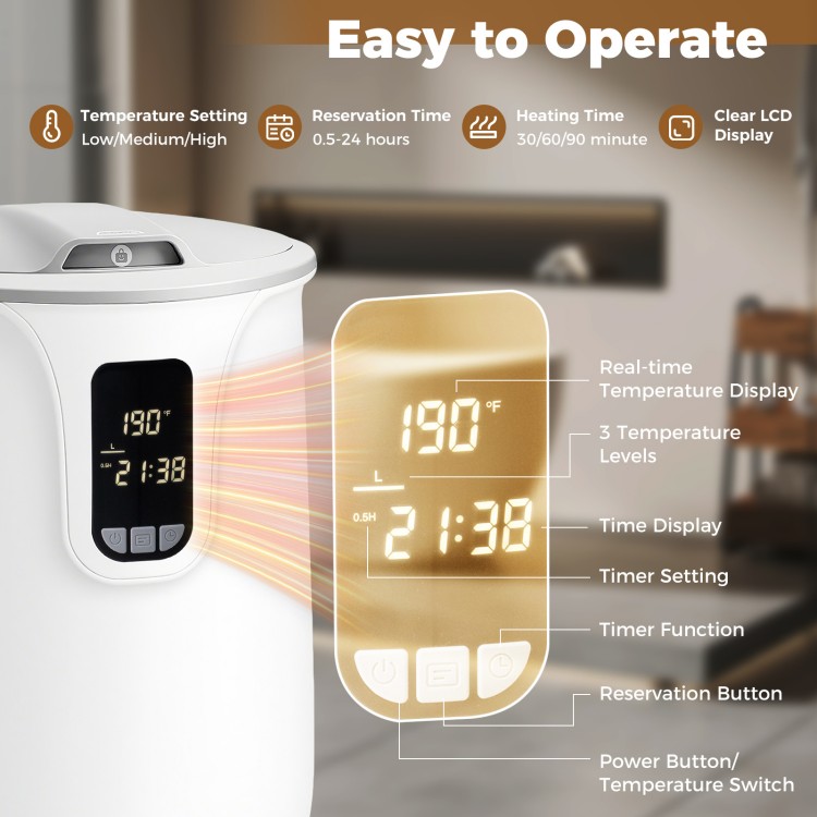 Large white towel warmer with LCD display, 20L capacity, 3 heat levels, and timer function for easy operation.
