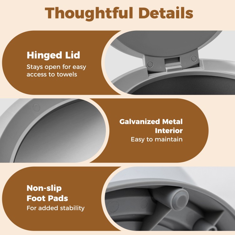 Hinged lid detail of the 20 L large towel warmer, featuring galvanized metal interior and non-slip foot pads for.