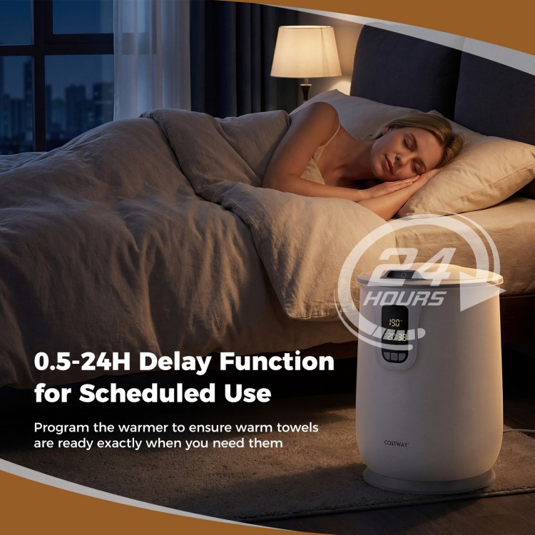 20 L towel warmer in white with 3 heat levels and 24H delay timer, perfect for consistently warm towels.