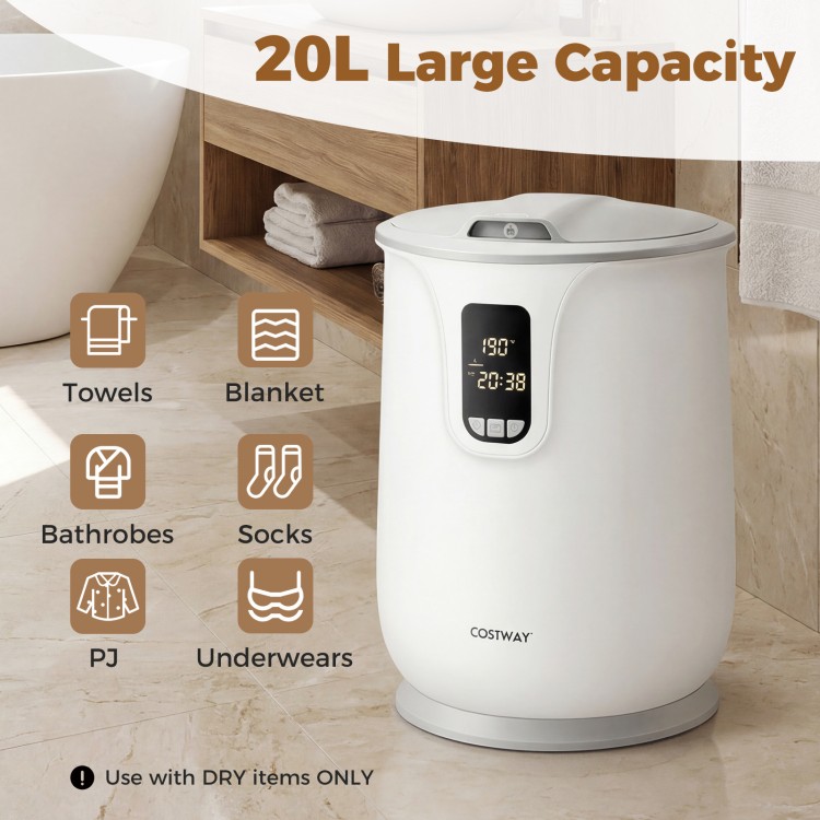 20L large towel warmer in white with digital controls, perfect for quickly warming bath towels in the bathroom.