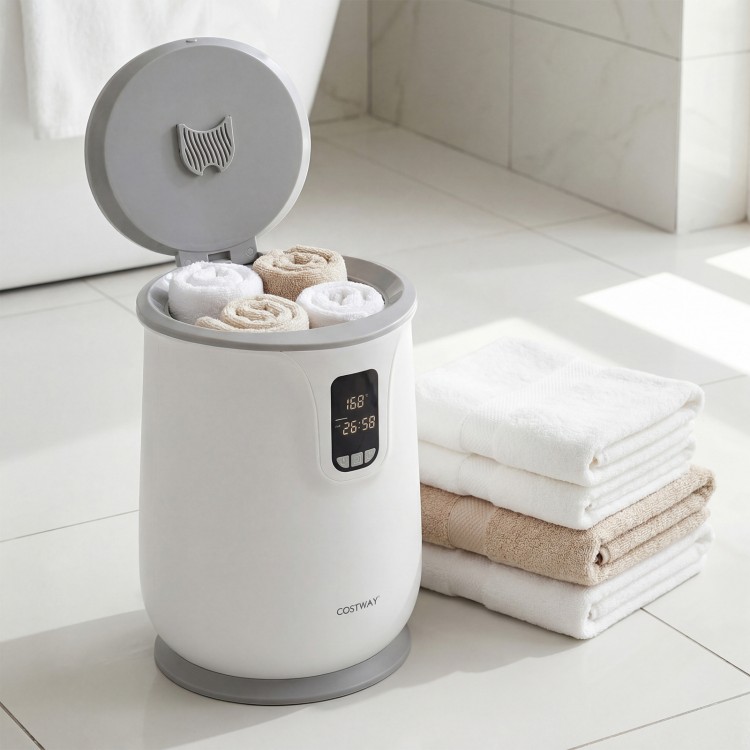20 L towel warmer in white with towels inside, featuring 3 heat levels and quick heating for bathroom use.