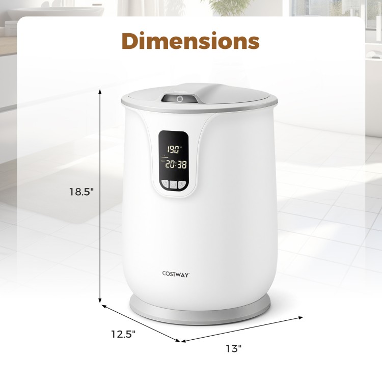 20 L large towel warmer in white with digital display, measuring 18.5" x 12.5" x 13", perfect for bathroom use.