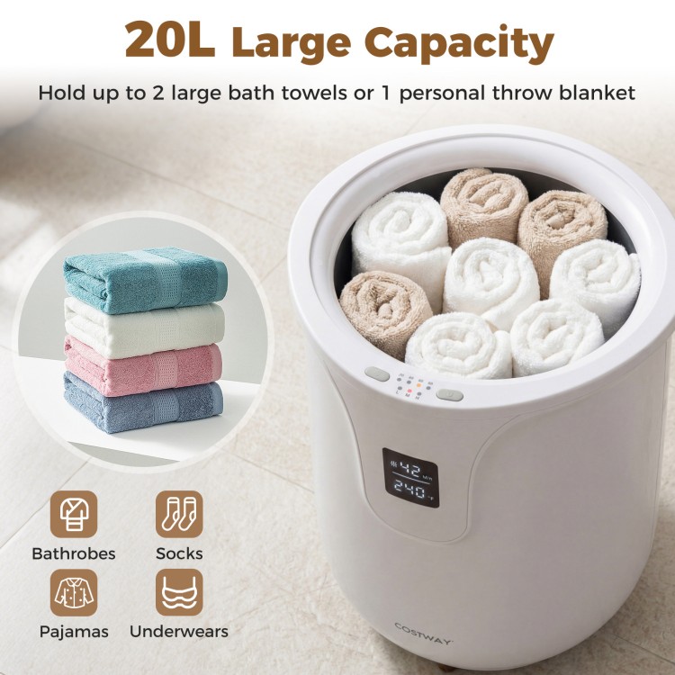 20L large towel and blanket warmer in white, featuring 3 heat levels and rapid heating for cozy comfort in the bathroom.
