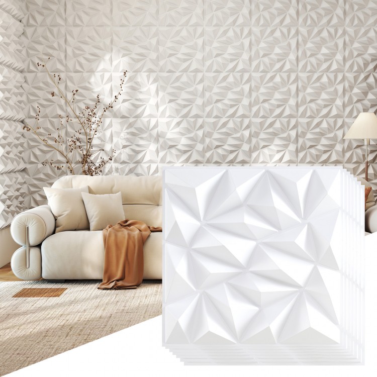 3D white wall panels with diamond patterns, made from PVC, ideal for DIY decoration, covering up to 55 sq.ft.