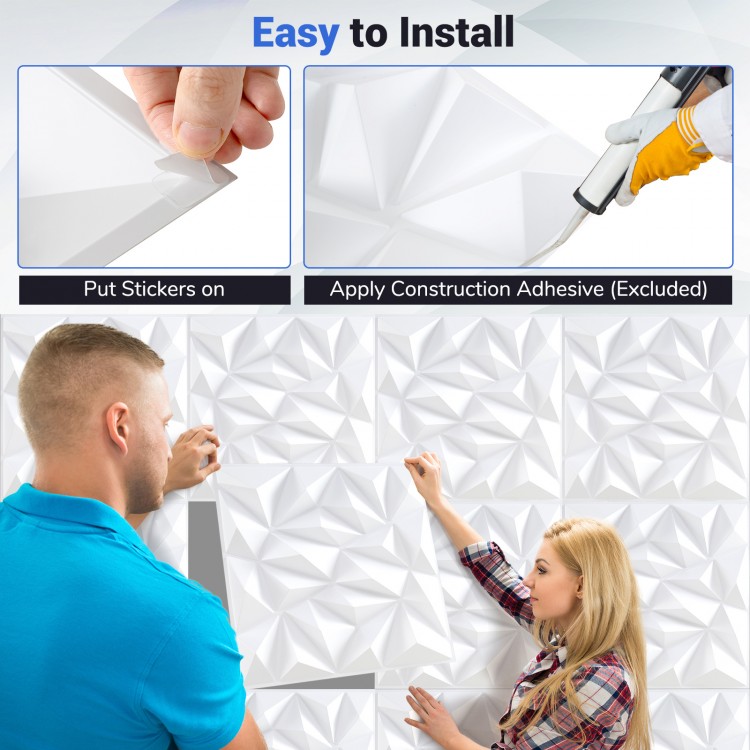 Installation process of 3D wall panels with diamond patterns, featuring adhesive stickers for easy setup.