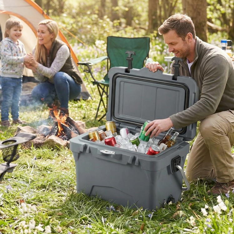 20 Quart Portable Hard Cooler in gray with drinks, featuring a built-in ruler, ideal for camping and outdoor adventures.
