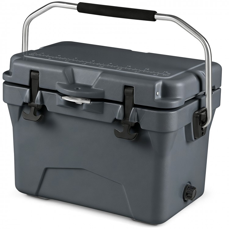 20-quart portable hard cooler in gray with built-in ruler, dual latches, and sturdy handle for outdoor adventures.