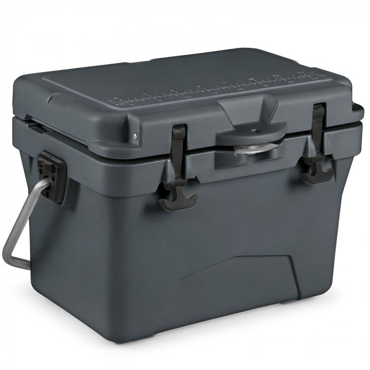 20 Quart Portable Hard Cooler in gray with built-in ruler and bottle opener, ideal for outdoor adventures and fishing.