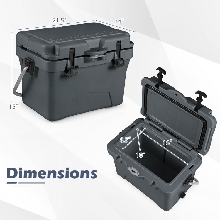 20 quart portable hard cooler in gray with dimensions shown, featuring built-in ruler and dual latches for easy.