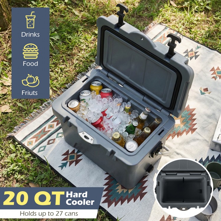 20 Quart portable hard cooler in gray with drinks and ice, perfect for outdoor adventures and easy transport.