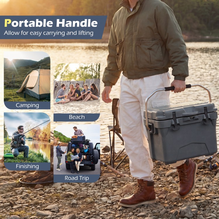 20 Quart Portable Hard Cooler with a portable handle, ideal for camping and road trips, featuring rugged construction.