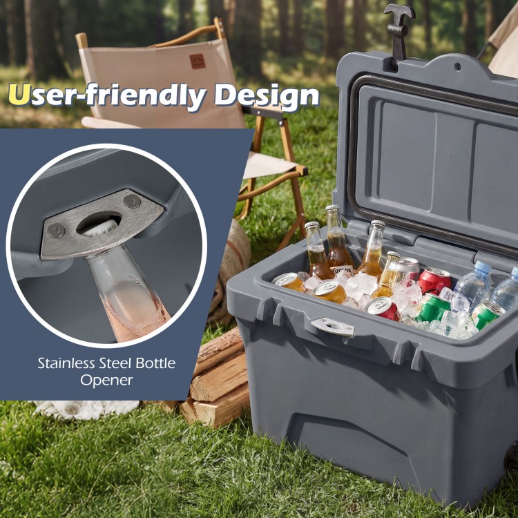 20 Quart Portable Hard Cooler in gray with built-in bottle opener, ideal for outdoor adventures and easy transport.
