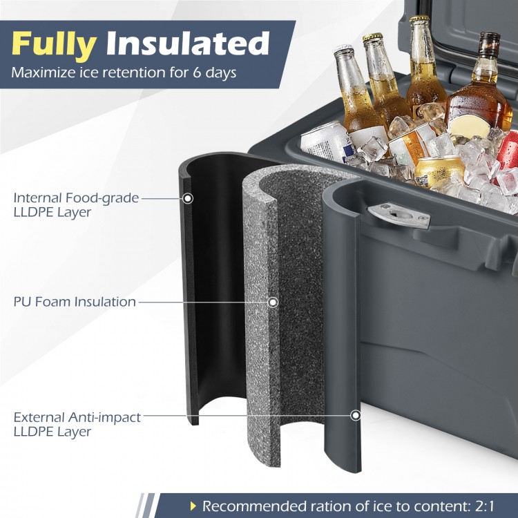 Detail of the 20 Quart Portable Hard Cooler showing the fully insulated layers for 6-day ice retention and durability.